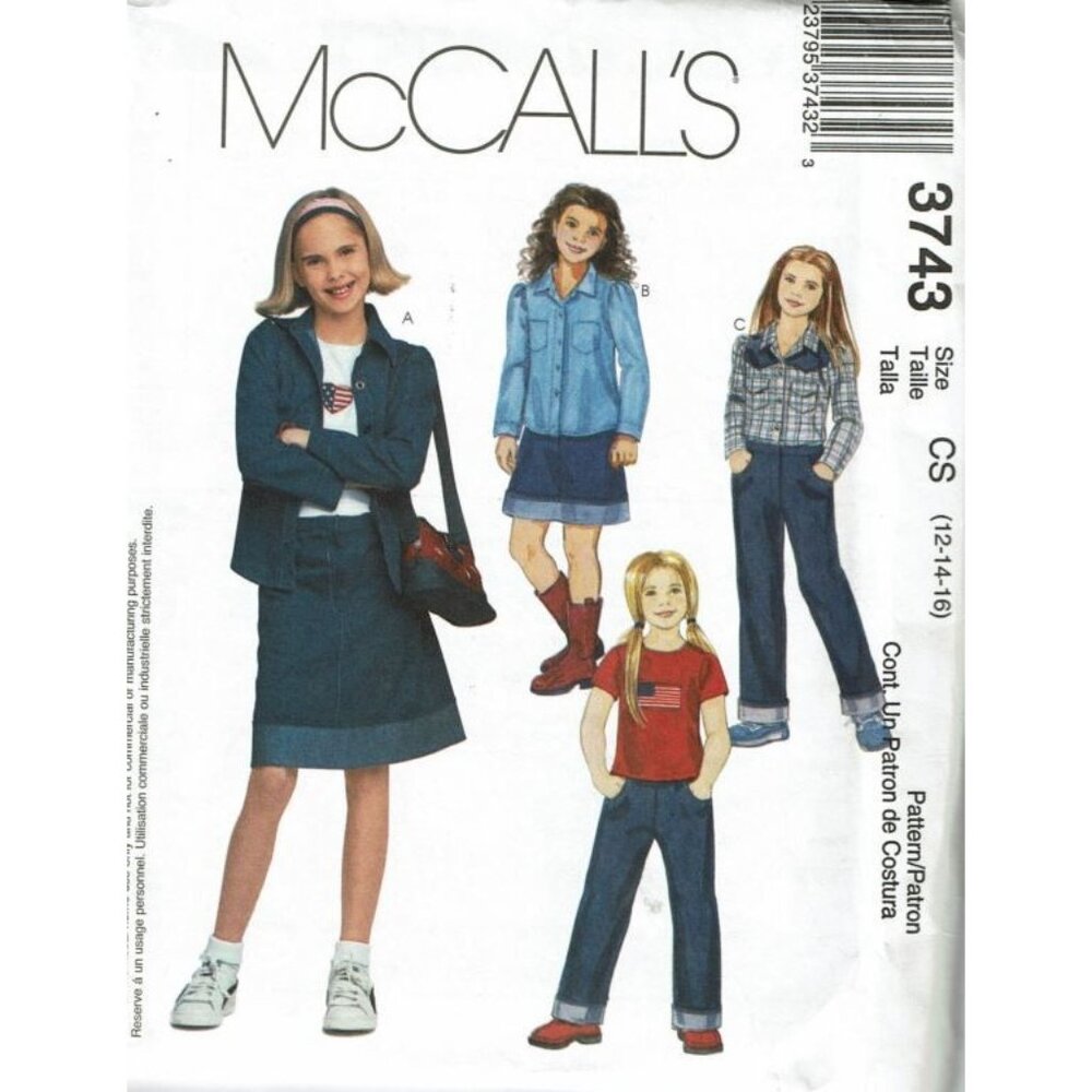 McCall's Sewing‎ Pattern 3743 Shirt Top Pants Skirt Girls Size 12-16
